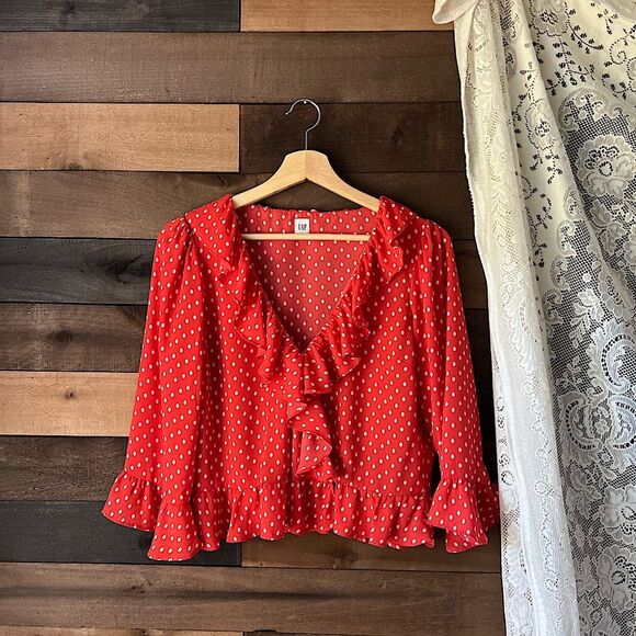 Modern Gap Red & Off White Polka Dot Ruffled Tie Front Blouse - Picture 1 of 14